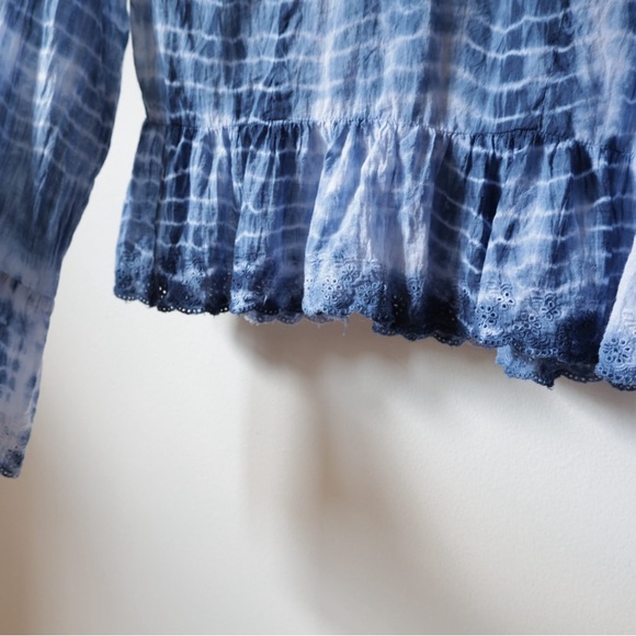 Blue Tie-Dye Women Top cotton free people style long sleeve button up flare - Picture 6 of 9